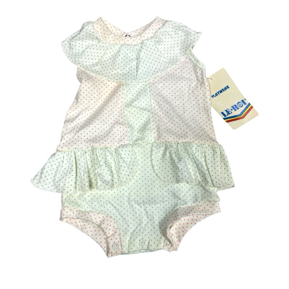 Vintage Le Roi Baby Girl White Polka Dot Romper Bodysuit Size 11-17 lbs 90s NWT